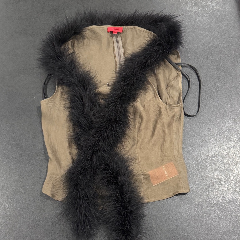 Vintage HUGO Tan Camisole with Black Fur Trim